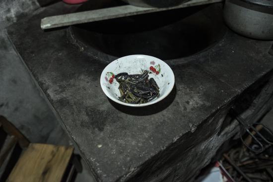这碗不知道煮过多少次,已经发黑的豆角,就是杨龙辉和父亲晚饭唯一的配菜